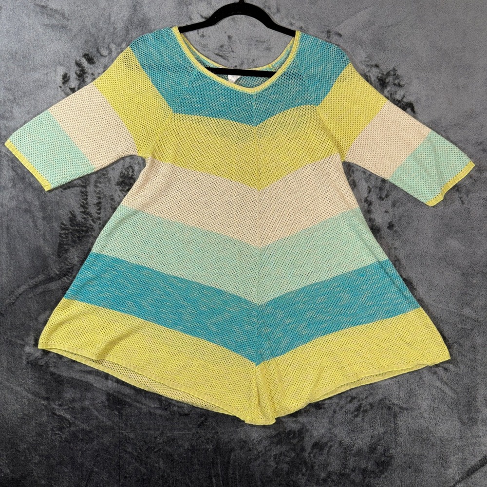Two-One-Two New‎ York Striped Crochet Knit Tunic Top Blue Green Large